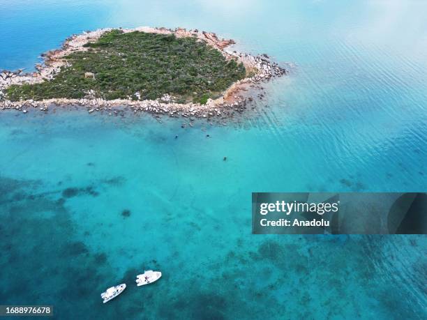 An aerial view of the Orata Island which is being restored under the support of the Turkish Ministry of Culture and Tourism, Mugla Sitki Kocman...