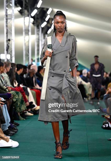 Leomie Anderson walks the runway at the Burberry show during London Fashion Week September 2023 at on September 18, 2023 in London, England.