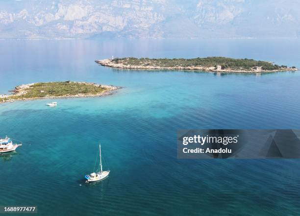 An aerial view of the Orata Island which is being restored under the support of the Turkish Ministry of Culture and Tourism, Mugla Sitki Kocman...