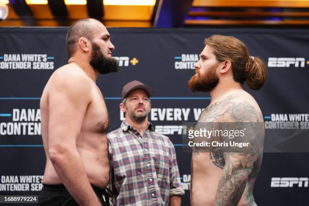 Shamil Gaziev and Greg Velasco face off during the DWCS season seven, week seven weigh-in at Palace Station Hotel & Casino on September 18, 2023 in...