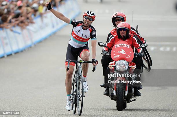 Winner Jens Voigt of Germany riding for Radioshack Leopard Trek celebrates as he finishes first during Stage 5 of the Tour of California from Santa...