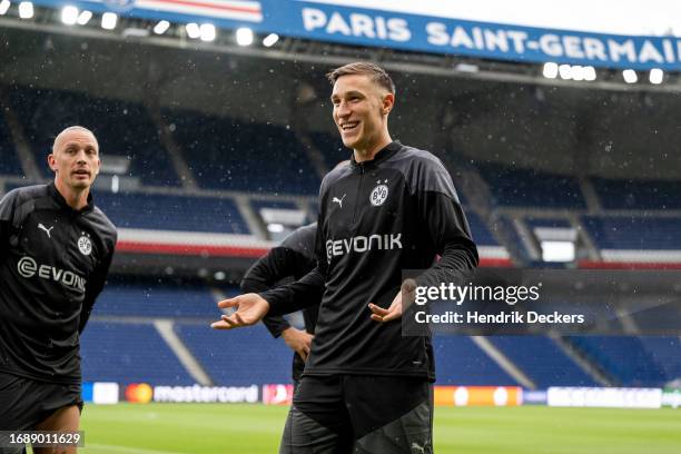 Nico Schlotterbeck of Borussia Dortmund at training ahead of their UEFA Champions League group match against Paris Saint-Germain at Parc des Princes...