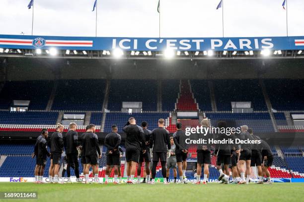 The Team of Borussia Dortmund at training ahead of their UEFA Champions League group match against Paris Saint-Germain at Parc des Princes on...