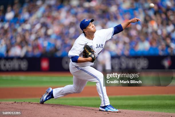 Hyun Jin Ryu of Toronto Blue Jays pitces to the Boston Red Sox during the first inning in their MLB game at the Rogers Centre on September 17, 2023...