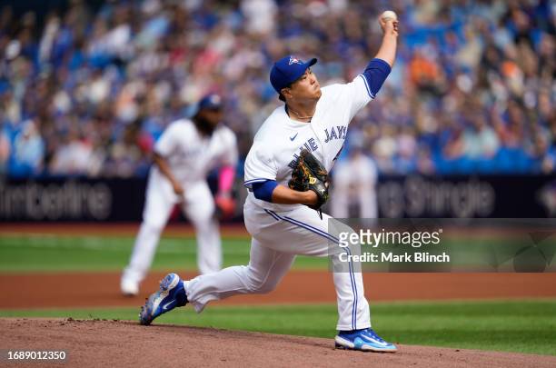 Hyun Jin Ryu of Toronto Blue Jays pitches to the Boston Red Sox during the first inning in their MLB game at the Rogers Centre on September 17, 2023...