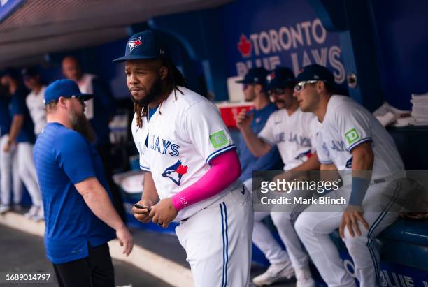 Vladimir Guerrero Jr. #27 of Toronto Blue Jays walks from the dugout before playing the Boston Red Sox in their MLB game at the Rogers Centre on...
