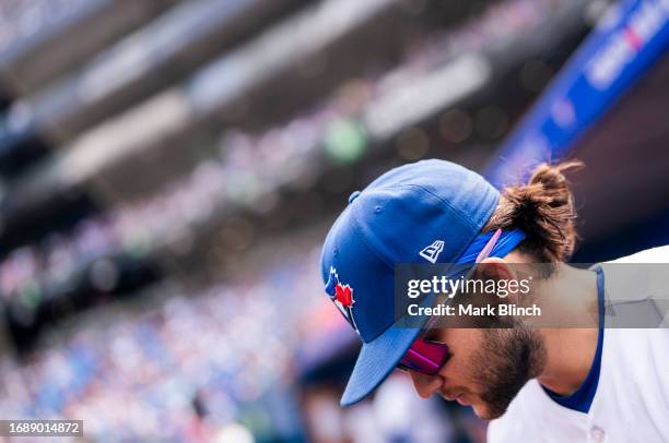 Bo Bichette of Toronto Blue Jays walks from the dugout before playing the Boston Red Sox in their MLB game at the Rogers Centre on September 17, 2023...