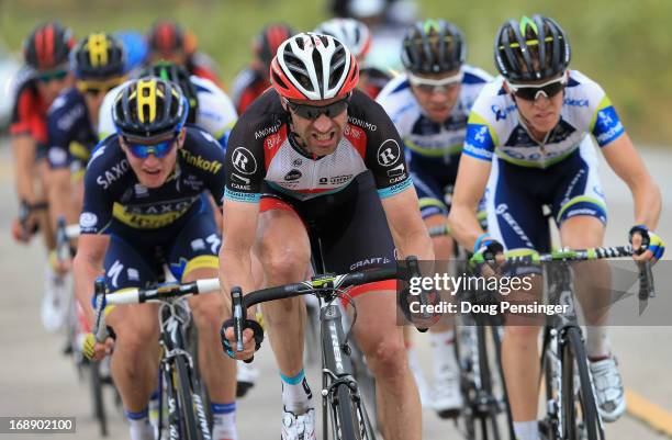Jens Voigt of Germany riding for Radioshack Leopard Trek works at the front of the breakaway just prior to attacking and soloing to victory in Stage...