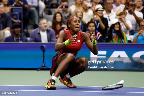 Coco Gauff of the United States reacts after defeating Aryna Sabalenka of Belarus in their Women's Singles Final match on Day Thirteen of the 2023 US...