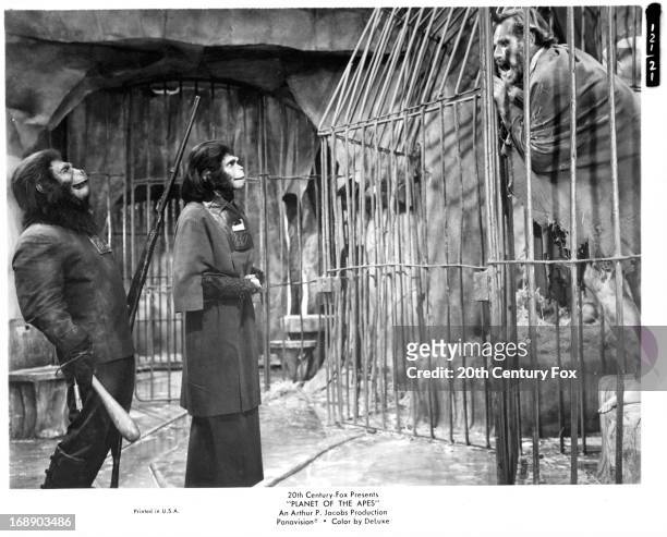 Buck Kartalian laughs as Kim Hunter is defied by Charlton Heston in a scene from the film 'Planet Of The Apes', 1968.