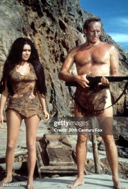 Linda Harrison and Charlton Heston flash back to the film during the television film 'Behind The Planet Of The Apes', 1998.