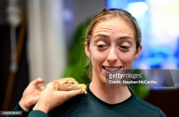 Budapest , Hungary - 25 September 2023; Republic of Ireland's Megan Connolly with a bearded dragon at Zoo Café in Budapest, Hungary, during some down...