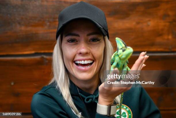 Budapest , Hungary - 25 September 2023; Republic of Ireland's Denise O'Sullivan with Flash, a chameleon, at Zoo Café in Budapest, Hungary, during...