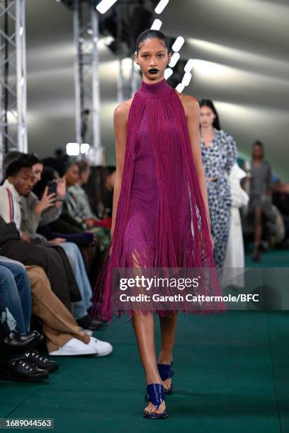 Model walks the runway at the Burberry show during London Fashion Week September 2023 at on September 18, 2023 in London, England.
