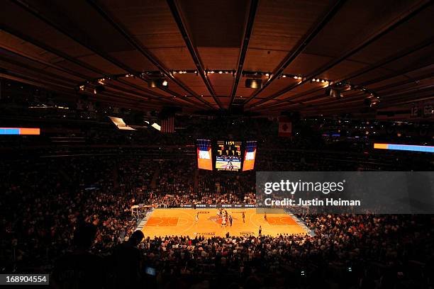 General view as Tyson Chandler of the New York Knicks faces off against Roy Hibbert of the Indiana Pacers to start Game Five of the Eastern...