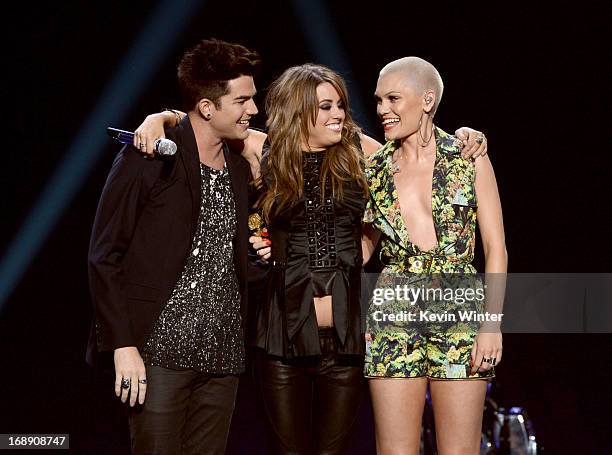 Singers Adam Lambert, Angie Miller and Jessie J speak onstage during Fox's "American Idol 2013" Finale Results Show at Nokia Theatre L.A. Live on May...
