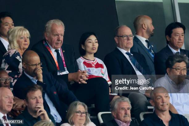 World Rugby Chairman Sir Bill Beaumont, Princess Akiko de Mikasa of Japan, Prince Albert II of Monaco attend the Rugby World Cup France 2023 match...