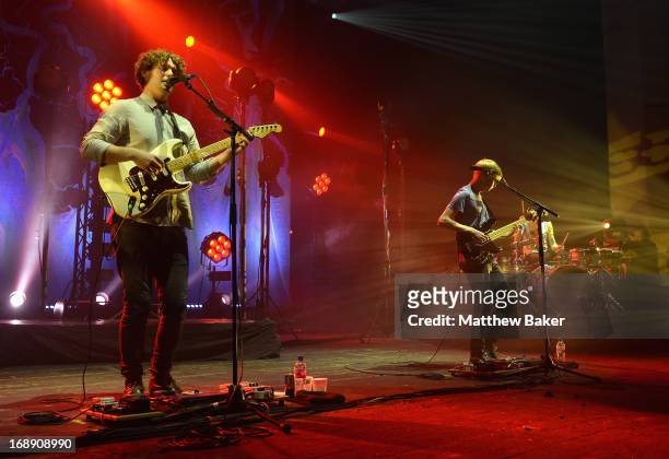 Joe Newman and Gwil Sainsbury of Alt J perform on stage at Brixton Academy on May 16, 2013 in London, England.