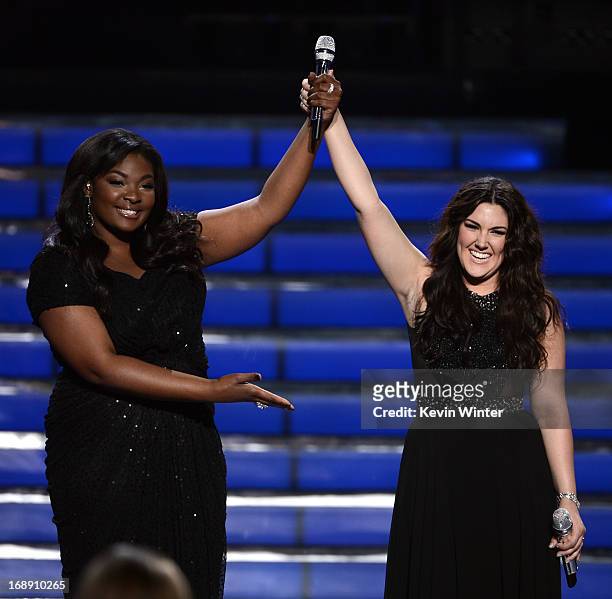 American Idol Season 12 winner Candice Glover and finalist Kree Harrison perform onstage during Fox's "American Idol 2013" Finale Results Show at...