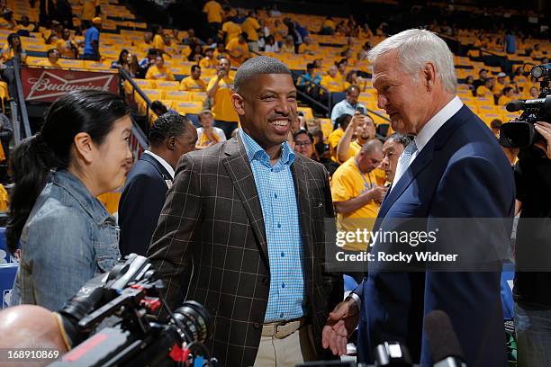 Sacramento Mayor, Kevin Johnson, and his wife Michelle Rhee, greet NBA Legend Jerry West before Game Six of the Western Conference Semifinals between...