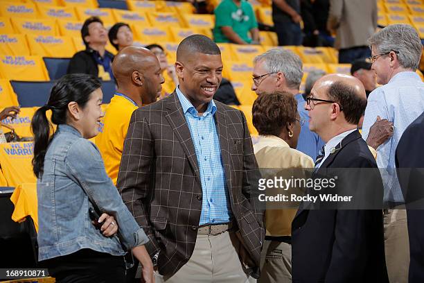 Sacramento Mayor, Kevin Johnson, and his wife Michelle Rhee, greet ESPN commentator Jeff Van Gundy before Game Six of the Western Conference...