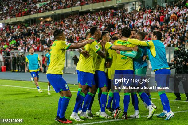 Marcos Correa of Brazil celebrating his goal with his teammates during the FIFA World Cup 2026 Qualifiers match between Peru and Brazil at Estadio...