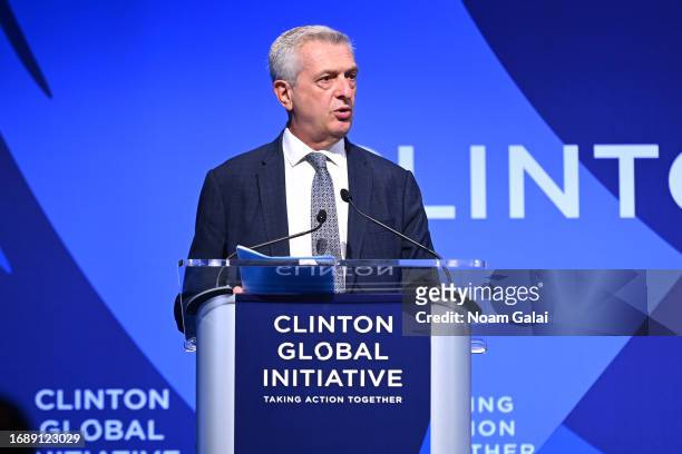Filippo Grandi speaks onstage during the Clinton Global Initiative September 2023 Meeting at New York Hilton Midtown on September 18, 2023 in New...