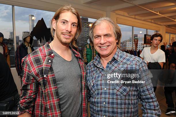 Snowboarder Mark Sollors and Burton Snowboards CEO Jake Burton attend the Burton Snowboards Apres in May Showroom Event at Milk studios on May 16,...