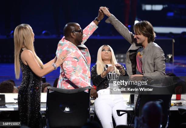 American Idol judges Mariah Carey, Randy Jackson, Nicki Minaj, and Keith Urban are seen onstage during Fox's "American Idol 2013" Finale Results Show...