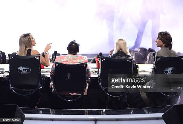 American Idol judges Mariah Carey, Randy Jackson, Nicki Minaj, and Keith Urban are seen during Fox's "American Idol 2013" Finale Results Show at...