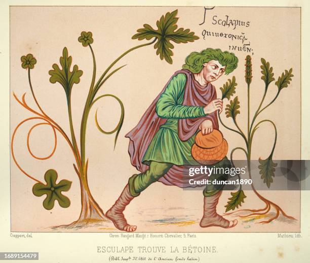 illustrazioni stock, clip art, cartoni animati e icone di tendenza di asclepio trova il betony, un eroe e dio della medicina nell'antica religione e mitologia greca, arte del 9 ° secolo - antica civiltà