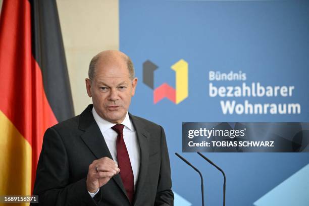 German Chancellor Olaf Scholz holds a press conference prior to the Housing summit to revive the crisis-hit sector, in the German Chancellery in...