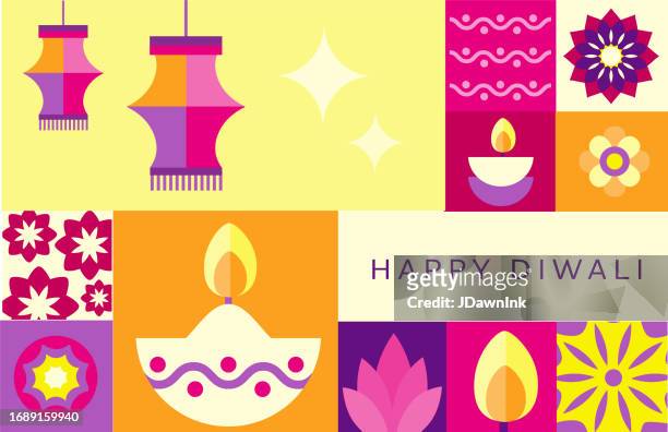 happy diwali abstract geometric mosaic greeting card flat design template with festive of lights elements flowers, diya and kandeel lanterns - kandeel stock illustrations