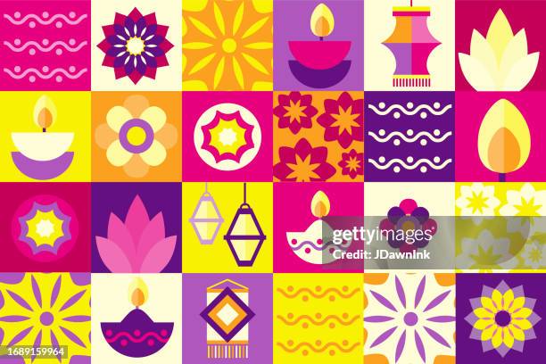 happy diwali abstract geometric mosaic greeting card flat design template with festive of lights elements flowers, diya and kandeel lanterns - kandeel stock illustrations