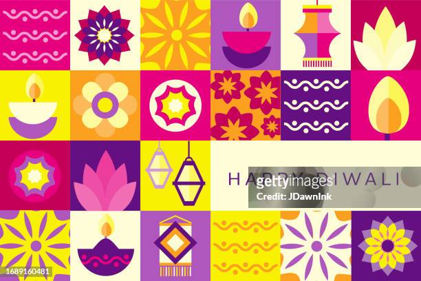 happy diwali abstract geometric mosaic greeting card flat design template with festive of lights elements flowers, diya and kandeel lanterns - kandeel stock illustrations
