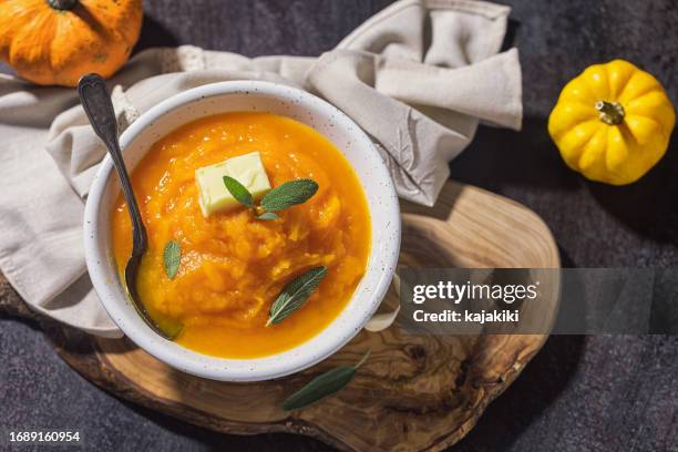 pumpkin cream soup with sage - butternut squash stock pictures, royalty-free photos & images
