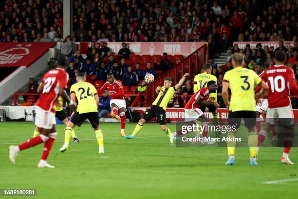 Callum Hudson-Odoi of Nottingham Forest scores the team's first goal during the Premier League match between Nottingham Forest and Burnley FC at City...