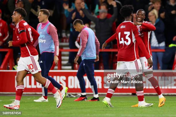 Callum Hudson-Odoi of Nottingham Forest celebrates with Ola Aina after scoring the team's first goal during the Premier League match between...