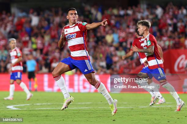 Myrto Uzuni of Granada celebrates after scoring the team's first goal during the LaLiga EA Sports match between Granada CF and Girona FC at Estadio...