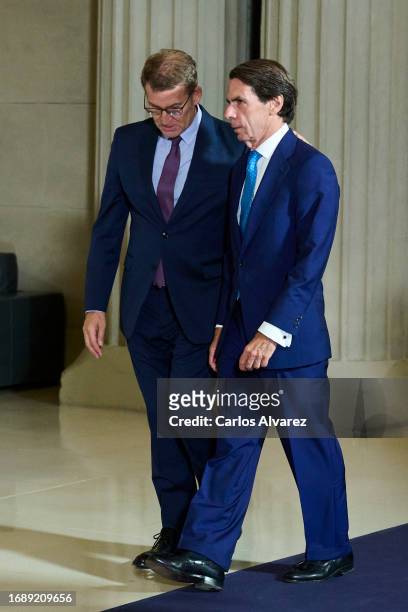 Alberto Nuñez Feijoo and Jose Maria Aznar attend the first edition of 'The La Vanguardia Awards' at the Museo Nacional de Arte de Cataluña on...