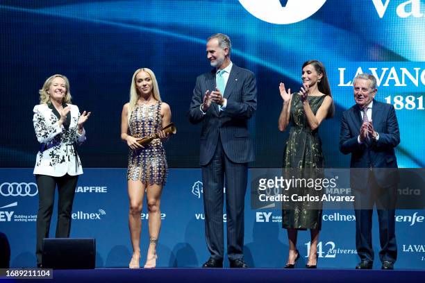 Nadia Calviño, Bad Gyal, King Felipe VI of Spain, Queen Letizia of Spain and Javier Godo attend the first edition of 'The La Vanguardia Awards' at...