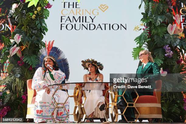Sonia Guajajara, Minister of Indigenous Peoples of Brazil, Brazilian environmental activist Txai Surui and CEO of Earthrise Alice Aedy speak at The...