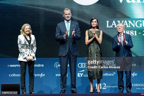 Nadia Calviño, King Felipe VI of Spain, Queen Letizia of Spain and Javier Godo attend the first edition of 'The La Vanguardia Awards' at the Museo...