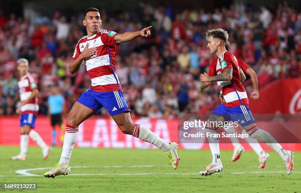 Myrto Uzuni of Granada celebrates after scoring the team's first goal during the LaLiga EA Sports match between Granada CF and Girona FC at Estadio...