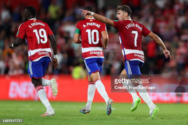 Lucas Boye of Granada celebrates after scoring the team's second goal during the LaLiga EA Sports match between Granada CF and Girona FC at Estadio...