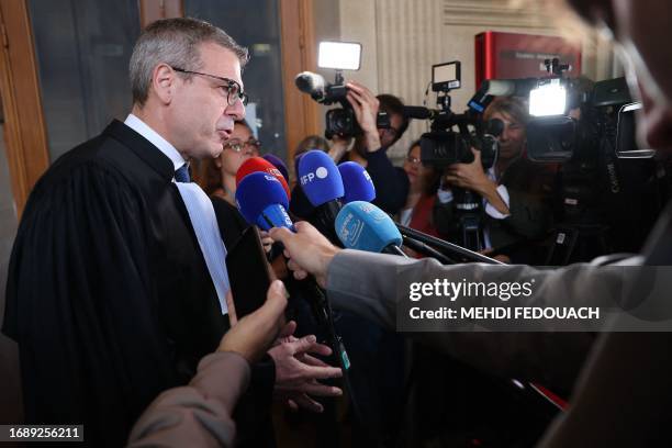 The lawyer for the civil party Thibault de Montbrial speaks to the press before the trial of the Magnanville attacks at the Paris courthouse on...