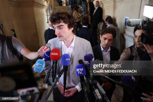 Defense lawyer Vincent Brengarth speaks to the press before the trial of the Magnanville attacks at the Paris courthouse on September 25, 2023....