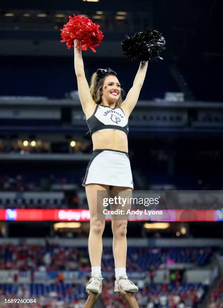 Louisville Cardinals cheerleaders perform in the game against the Indiana Hoosiers at Lucas Oil Stadium on September 16, 2023 in Indianapolis,...