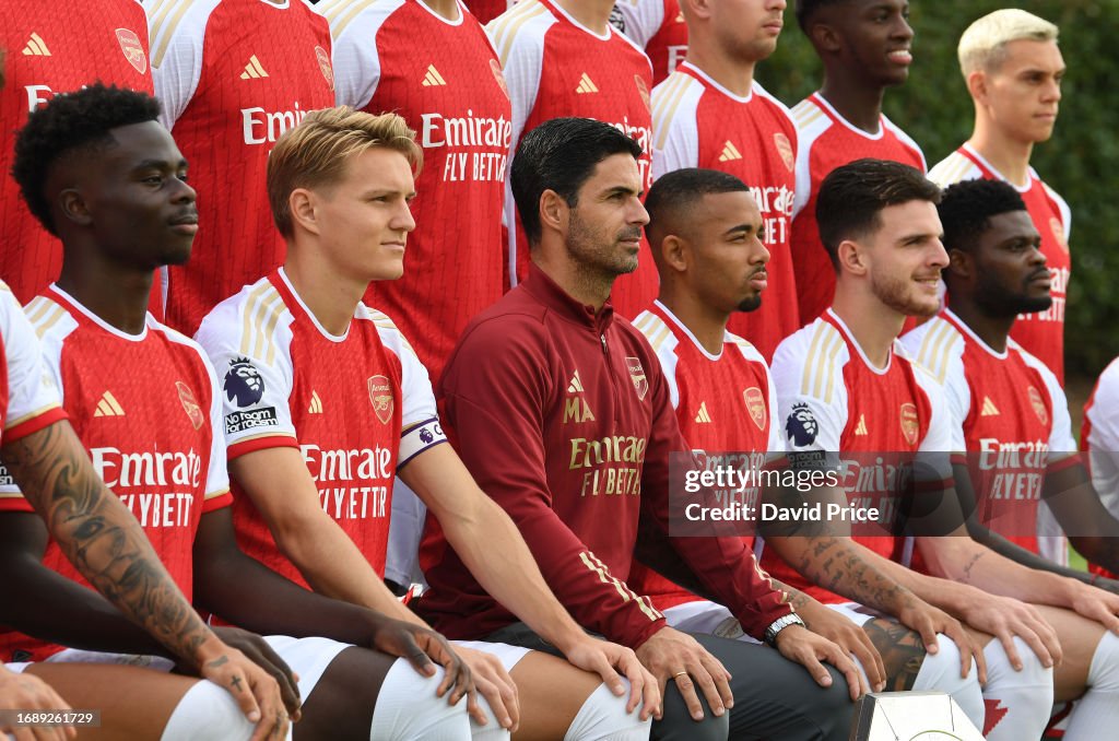 Arsenal First Manager Martin Odegaard of Arsenal and Arsenal Manager Mikel Arteta during ...