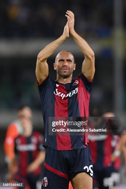 Lorenzo De Silvestri of Bologna applauds the fans after the Serie A TIM match between Hellas Verona FC and Bologna FC at Stadio Marcantonio Bentegodi...